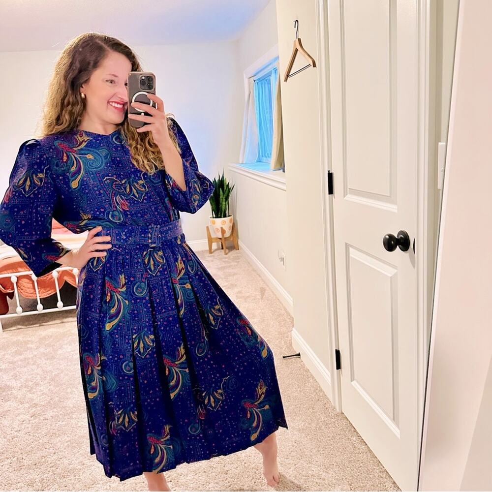 Vintage Pellini Purple Blue Shoulder Pad Printed Maxi Dress 14